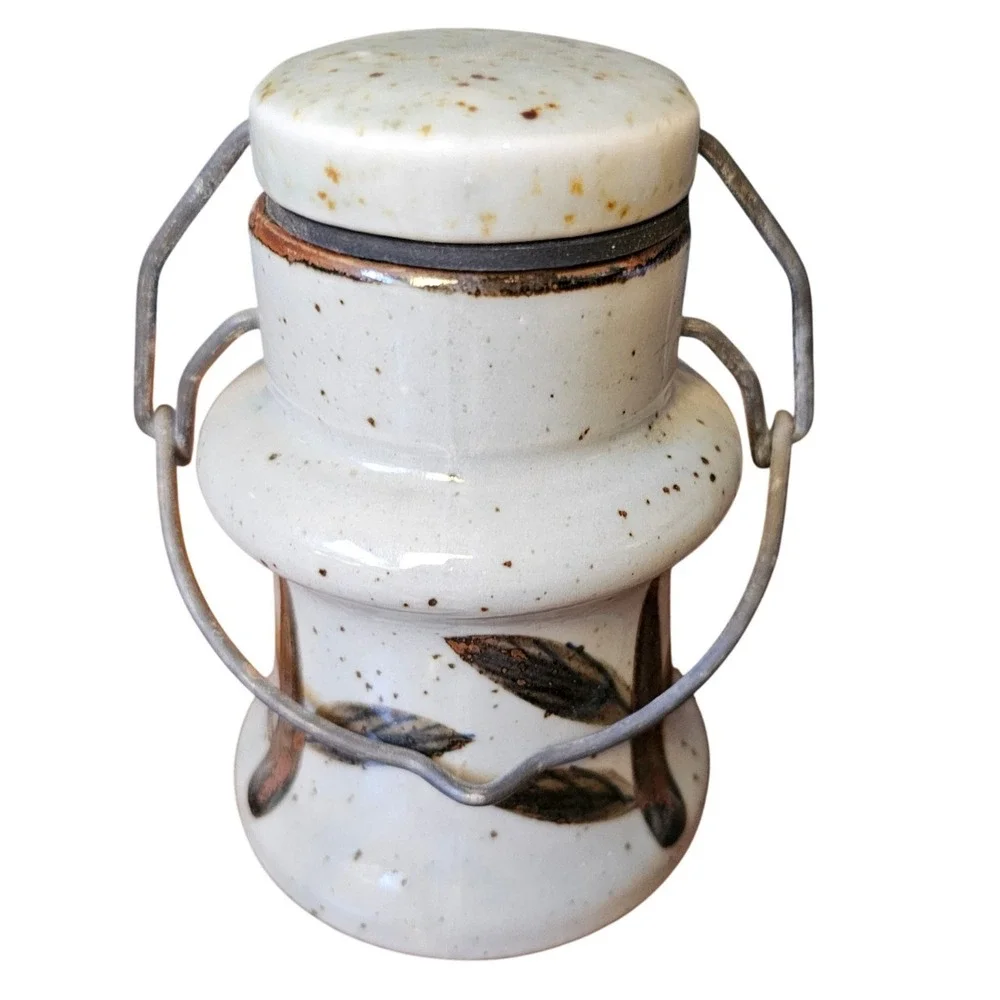 Vintage Studio Pottery Bamboo Leaf Stoneware Canister Wire Bail Spice Jar